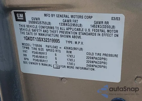 2003 GMC Envoy Slt из США, поврежденный, VIN 1GKDT13SX32319995